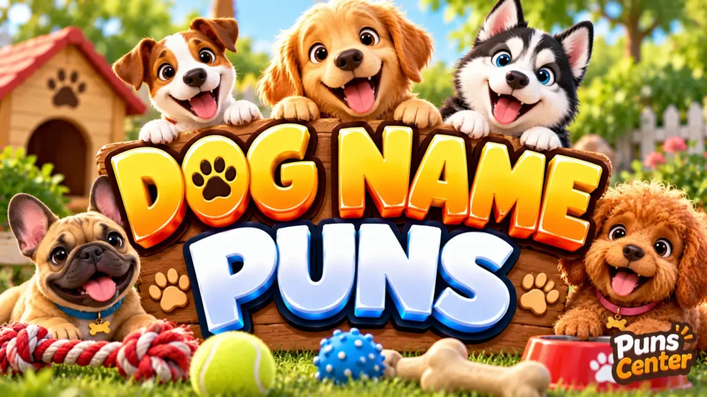 Dog Name Puns featured image with adorable puppies, paw prints, and bold 3D typography