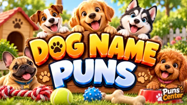 Dog Name Puns featured image with adorable puppies, paw prints, and bold 3D typography