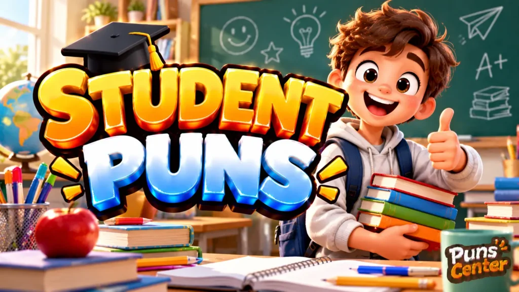 Student Puns featured image with a cheerful student, graduation cap, books, and bold 3D lettering