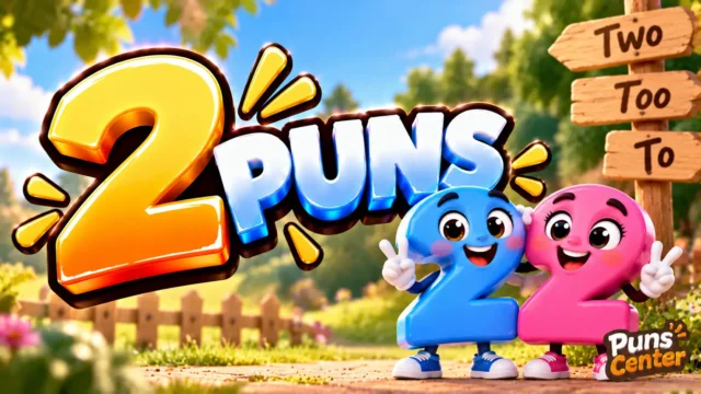2 Puns featured image with cheerful number-two mascots, colorful 3D lettering, and a Two Too To sign