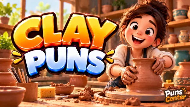 Clay Puns featured image with a cheerful pottery artist shaping a clay vase and bold 3D lettering