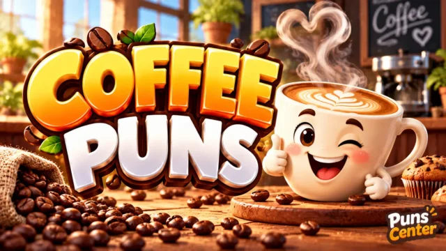 Coffee Puns featured image with a smiling coffee mug, latte art, coffee beans, and bold 3D lettering