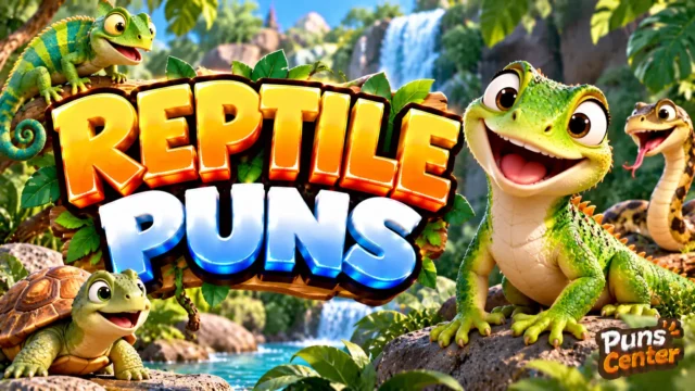 Reptile Puns featured image with a cheerful green gecko, colorful reptiles, and bold 3D lettering