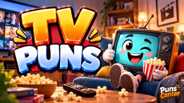 TV Puns featured image with a cheerful retro television mascot, popcorn, and bold 3D lettering