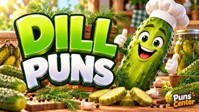 Dill Puns featured image with a cheerful pickle mascot, fresh dill, and bold green 3D lettering