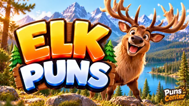 Elk Puns featured image with a cheerful elk, large antlers, mountain scenery, and bold 3D lettering