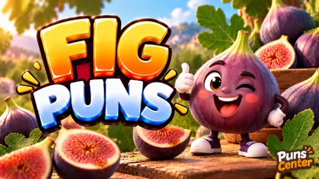 Fig Puns featured image with a smiling purple fig mascot, fresh sliced figs, and bold 3D lettering