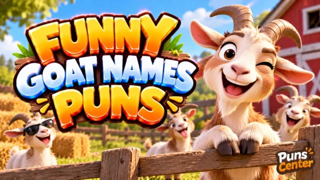 Funny Goat Names Puns featured image with playful goats, rustic farm scenery, and bold 3D lettering