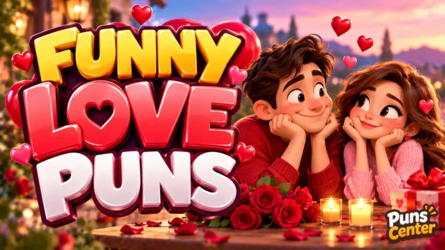 Funny Love Puns featured image with a romantic couple, hearts, roses, and glossy 3D typography