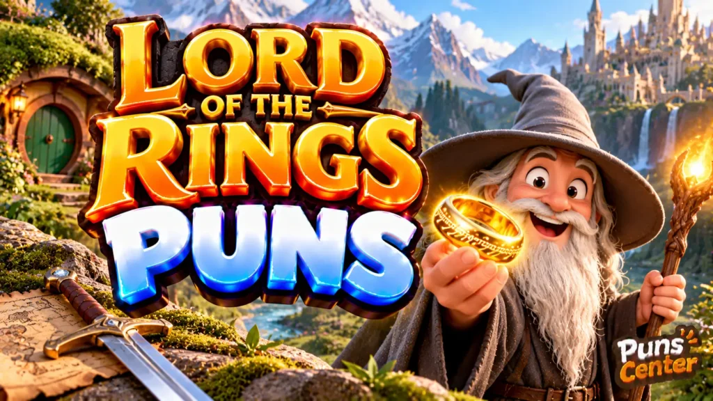 Lord of the Rings Puns featured image with a fantasy wizard, glowing golden ring, and bold 3D lettering