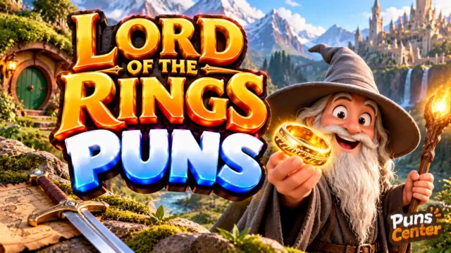 Lord of the Rings Puns featured image with a fantasy wizard, glowing golden ring, and bold 3D lettering