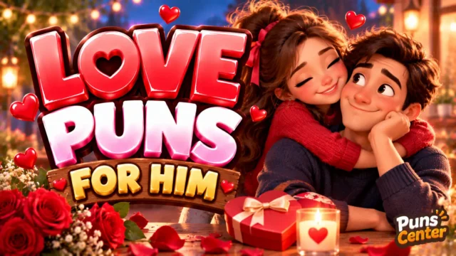 Love Puns for Him featured image with a romantic couple, red hearts, roses, and bold 3D lettering
