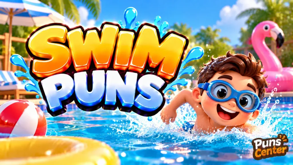 Swim Puns featured image with a cheerful swimmer, blue pool water, and bold glossy 3D lettering