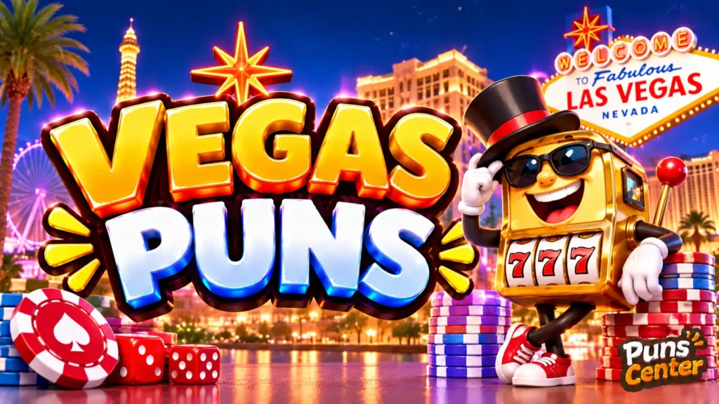 Vegas Puns featured image with a smiling slot machine mascot, neon casinos, poker chips, and bold 3D lettering