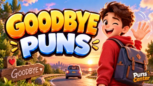 Goodbye Puns featured image with a cheerful waving character, sunset road, and bold 3D lettering