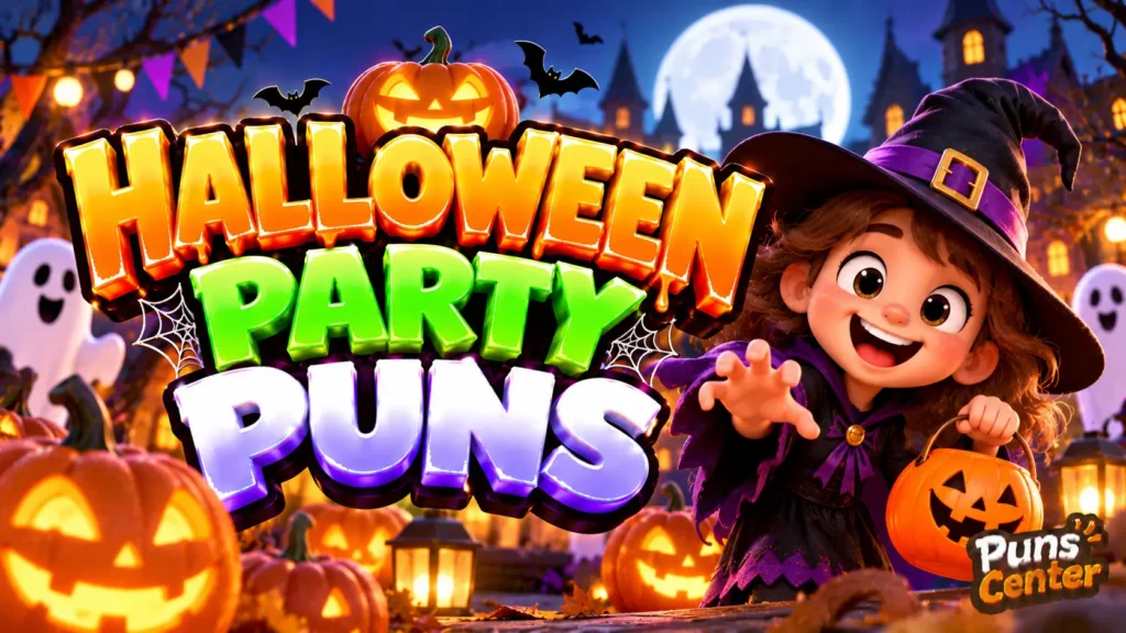 Halloween Party Puns featured image with a cheerful witch, glowing pumpkins, and bold 3D lettering
