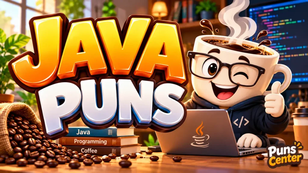 Java Puns featured image with a cheerful coffee cup mascot, laptop, and bold 3D typography