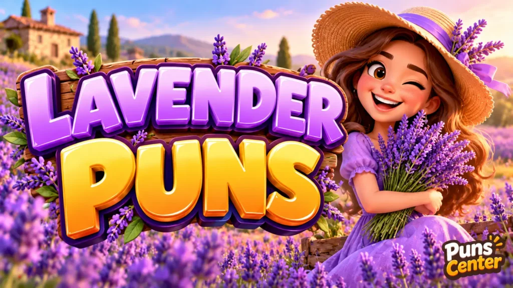 Lavender Puns featured image with a cheerful lavender field and colorful 3D typography