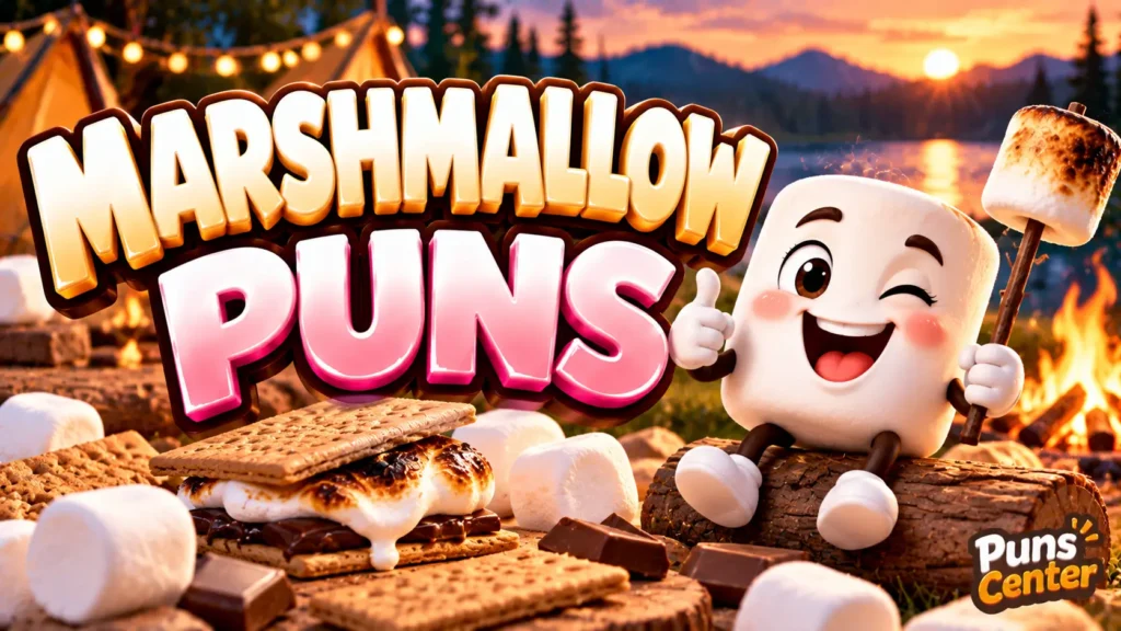 Marshmallow Puns featured image with a smiling marshmallow mascot, toasted s’mores, and bold 3D lettering