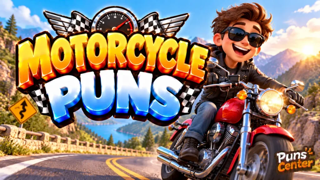 Motorcycle Puns featured image with a smiling biker, red cruiser motorcycle, and bold 3D lettering
