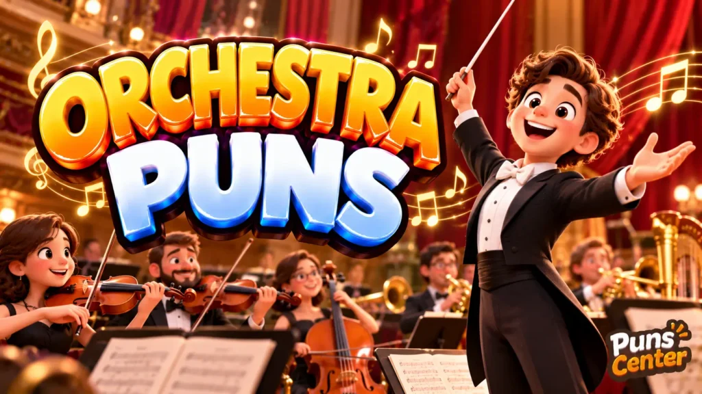 Orchestra Puns featured image with a cheerful conductor, orchestra musicians, and bold 3D lettering