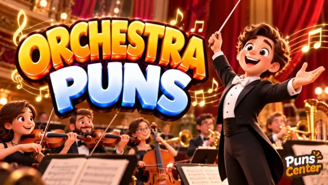 Orchestra Puns featured image with a cheerful conductor, orchestra musicians, and bold 3D lettering