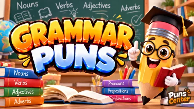 Grammar Puns featured image with a cheerful pencil mascot, grammar books, and bold 3D lettering