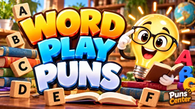 Word Play Puns featured image with a cheerful lightbulb mascot, alphabet blocks, books, and bold 3D lettering